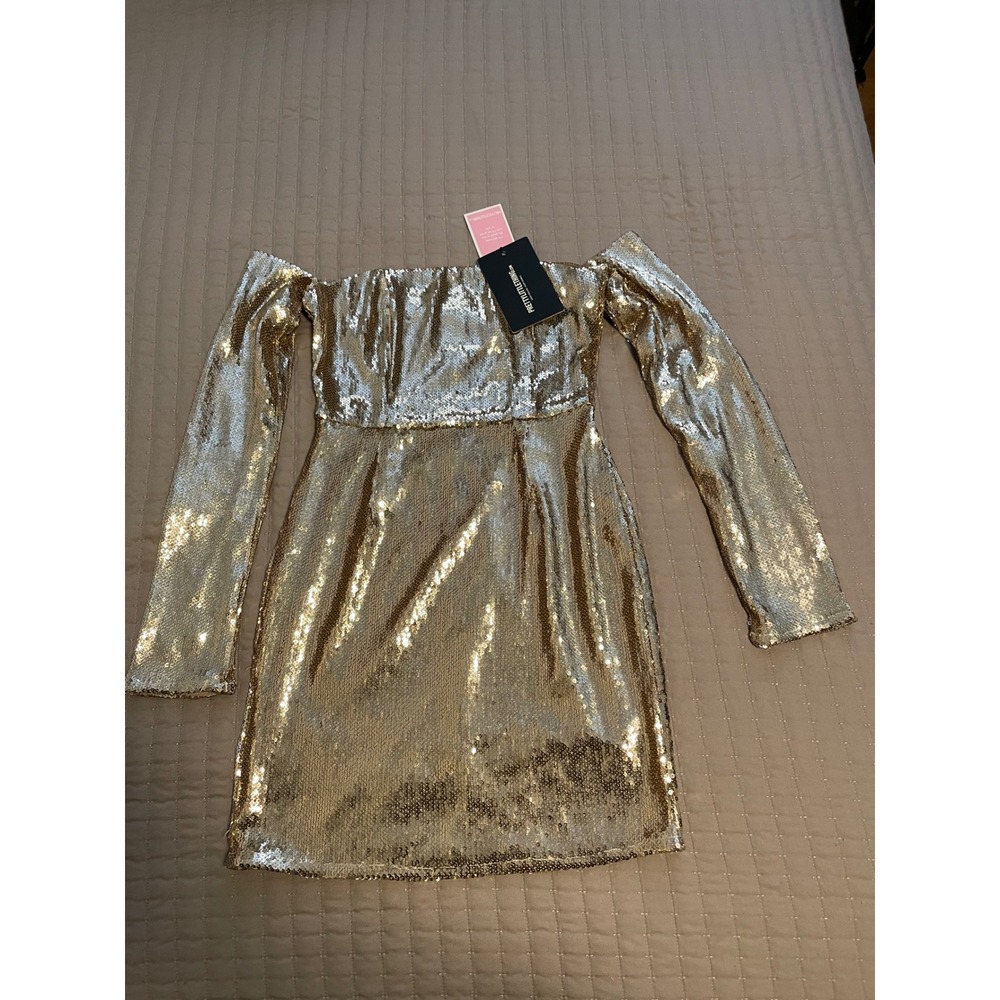 PrettyLittleThing Gold Sequin Long Sleeve Bardot Bodycon Dress CLU1066 Size 2